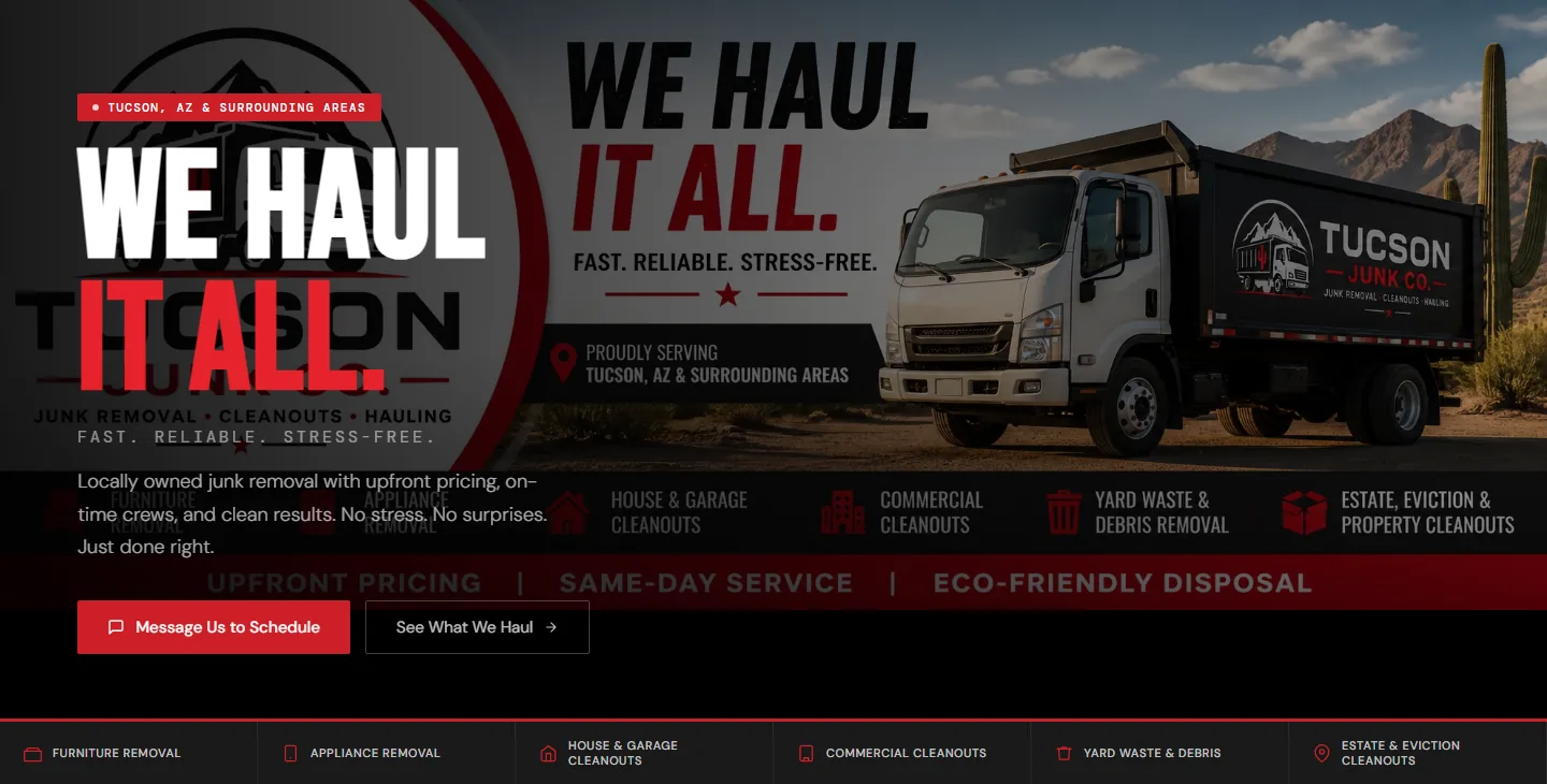 Tucson Junk Co. earlier website — the We Haul It All hero, before the current build
