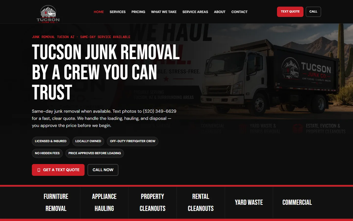Screenshot of the live Tucson Junk Co. homepage — dark hero with the branded truck, trust badges, and a same-day text-quote offer